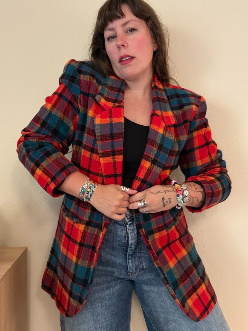 Vintage Bright Plaid Check Best American Wool Blend Blazer Medium